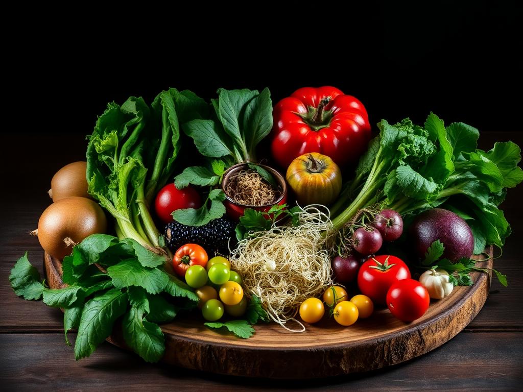 Vegetais e folhas frescas dispostos sobre tábua rústica